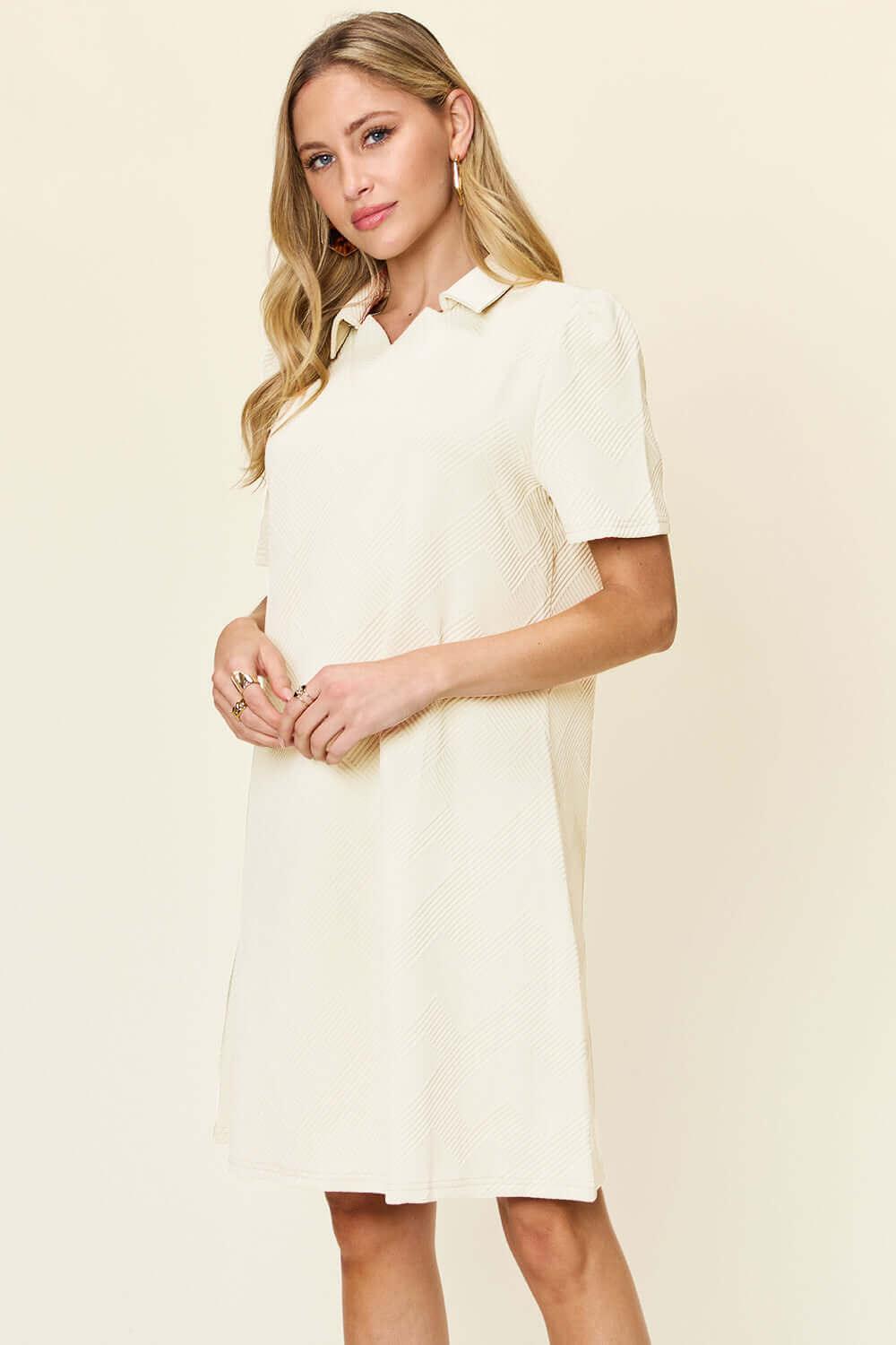 Double Take Full Size Texture Collared Neck Short Sleeve Dress - SAMFILS