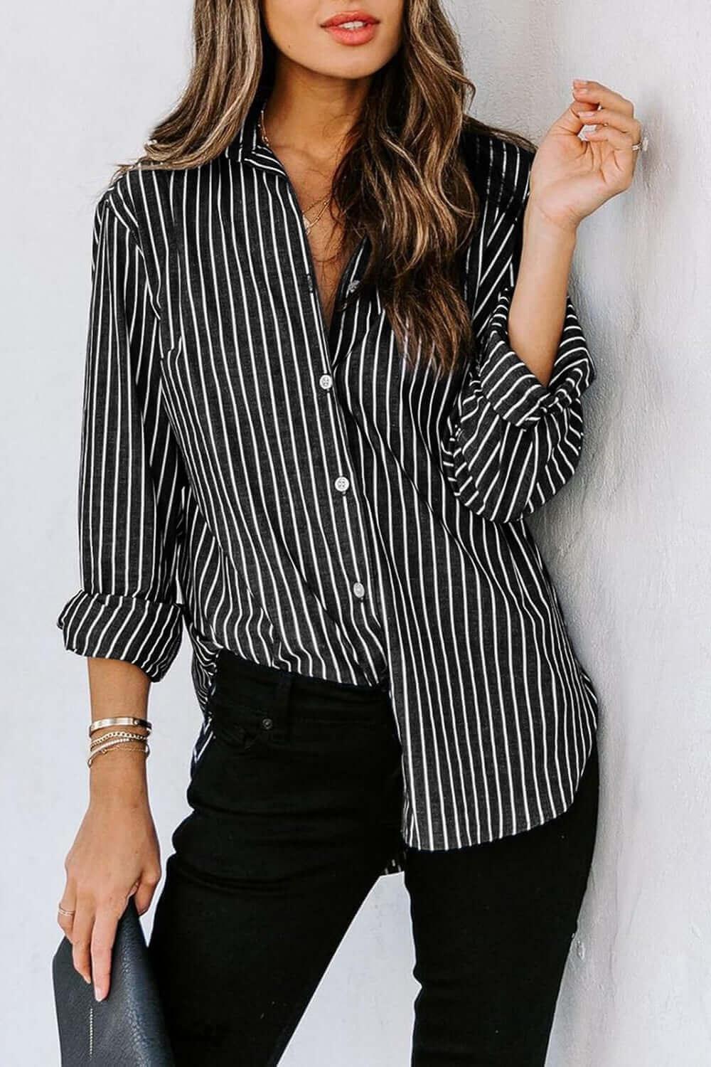 Striped Button Up comfortable Classic Long Sleeve Shirt - SAMFILS