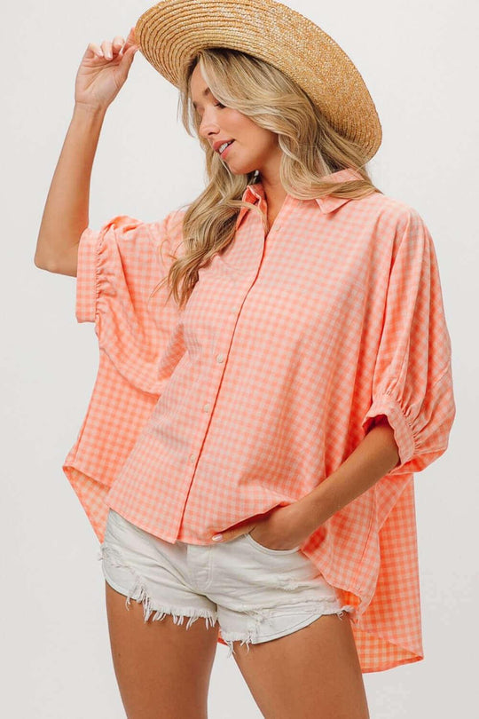 BiBi Plaid Button Up Dolman Perfect Sleeve Shirt - SAMFILS