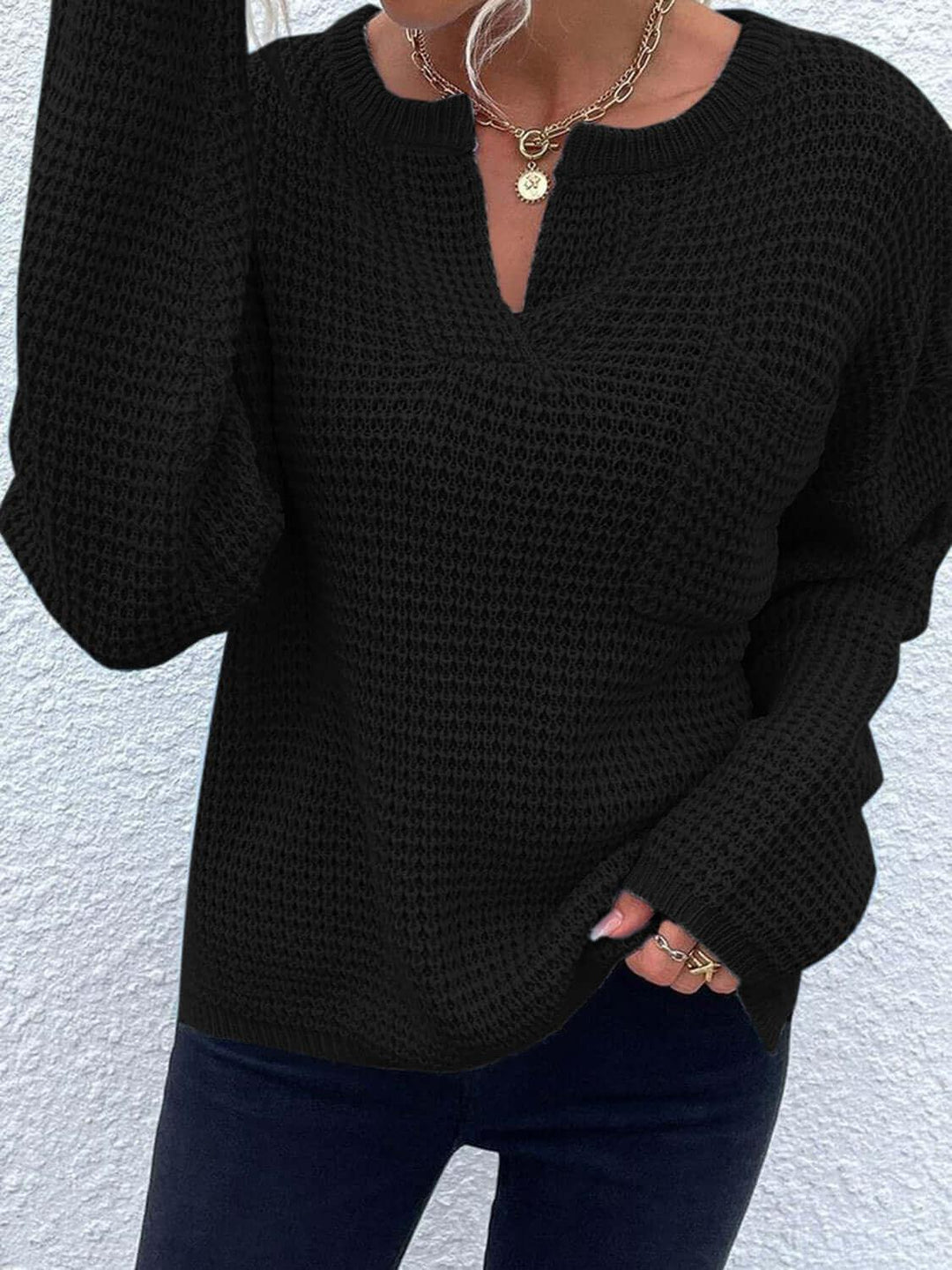 Comfort Notched Long Sleeve Sweater - SAMFILS