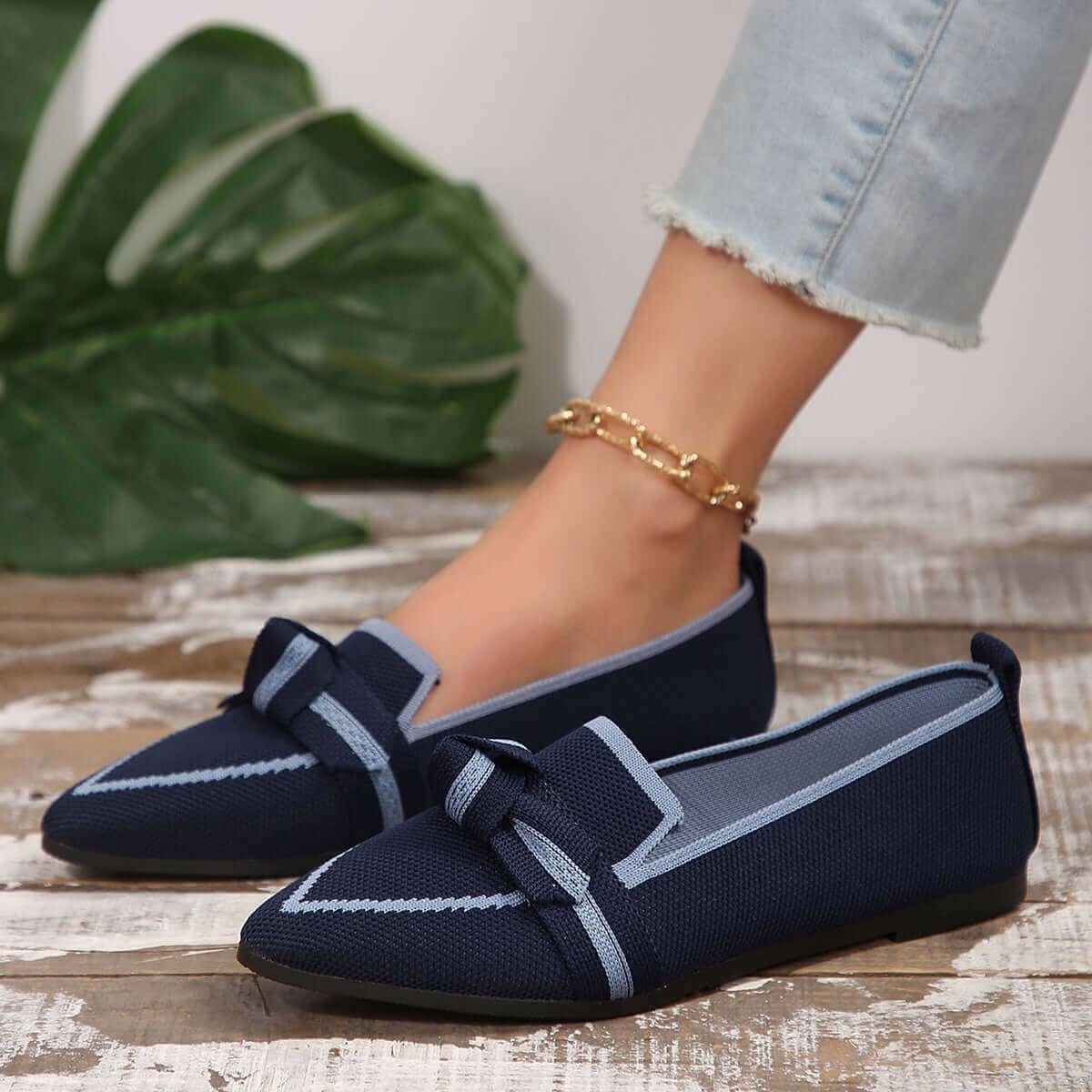 Bow Stylish Contrast Trim Point Toe Loafers - SAMFILS