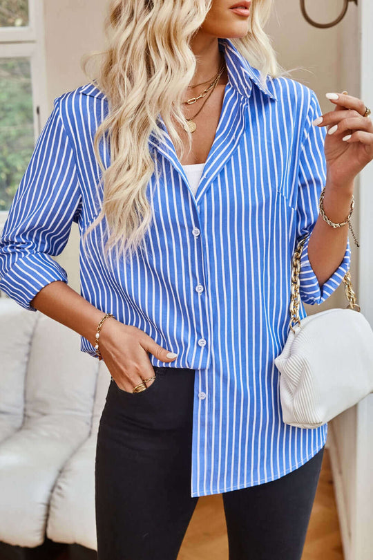Striped Button Up comfortable Classic Long Sleeve Shirt - Samslivos