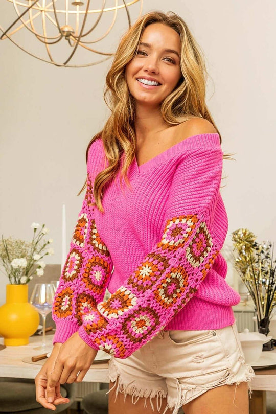 BiBi V-Neck Crochet Long Sleeve Sweater - Samslivos