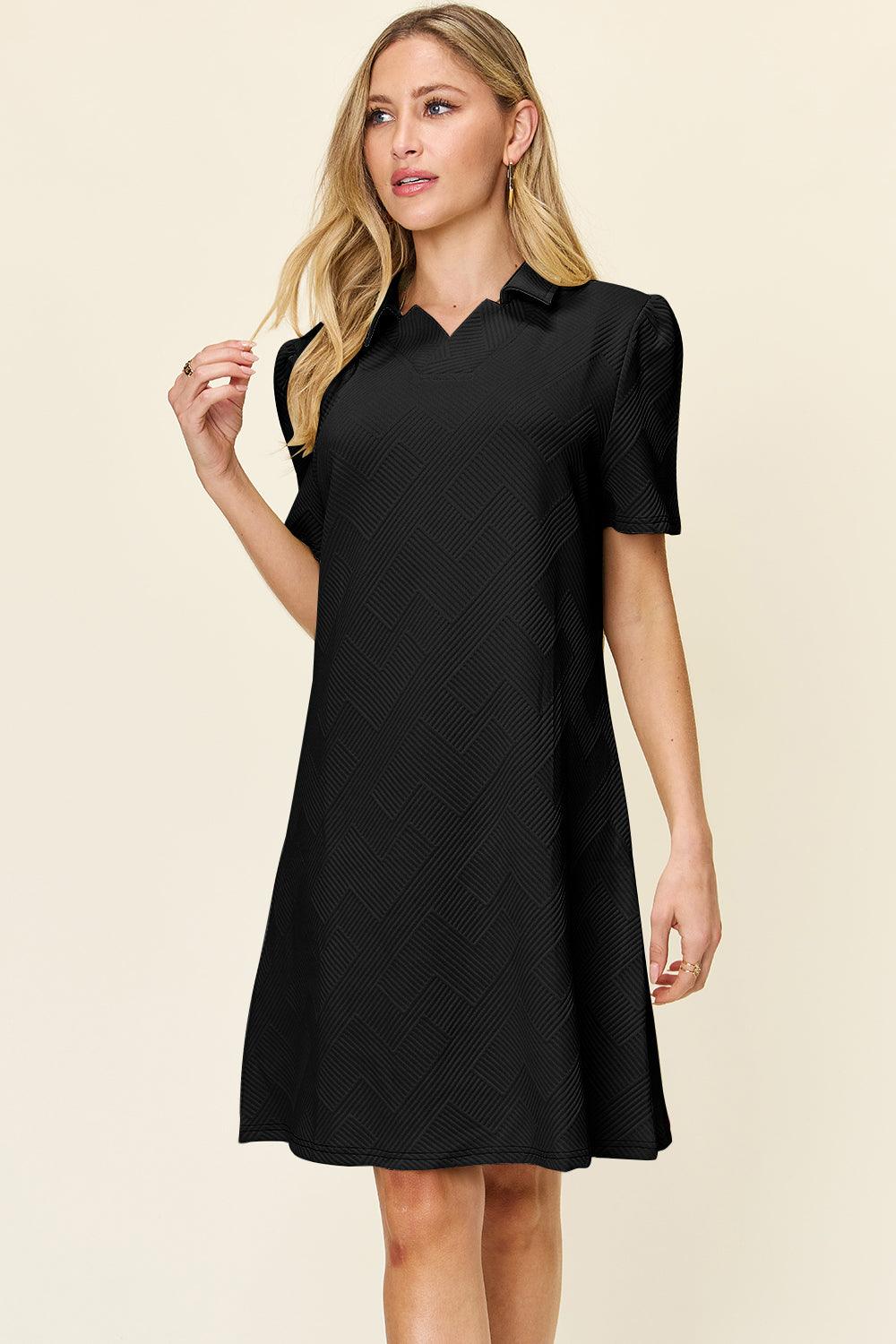 Double Take Full Size Texture Collared Neck Short Sleeve Dress - SAMFILS