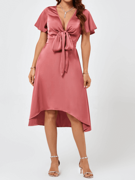 Women V-neck Flared Hem Tie Waist Cutout Dress - SAMFILS