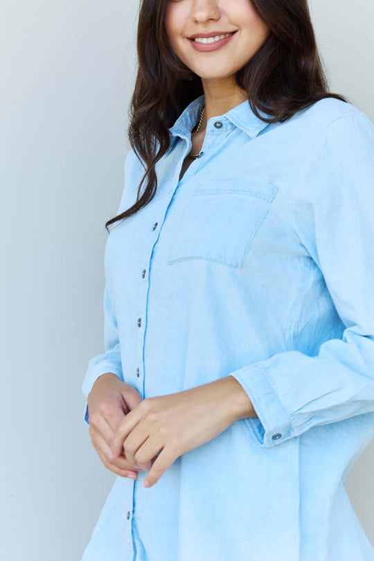 Doublju Blue Jean Baby Denim Button Down Shirt - SAMFILS