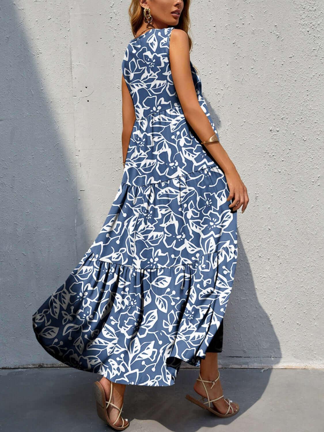 Lovely Tiered Printed V-Neck Sleeveless Dress - SAMFILS