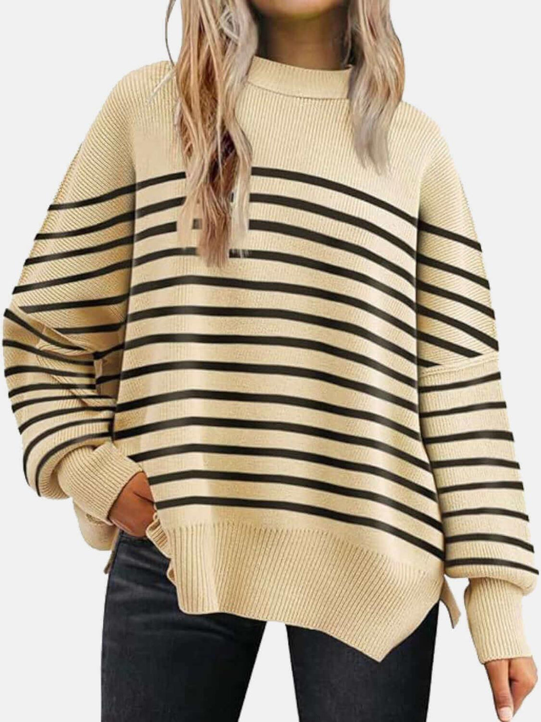 Round Neck Drop Shoulder Slit Sweater - Samslivos