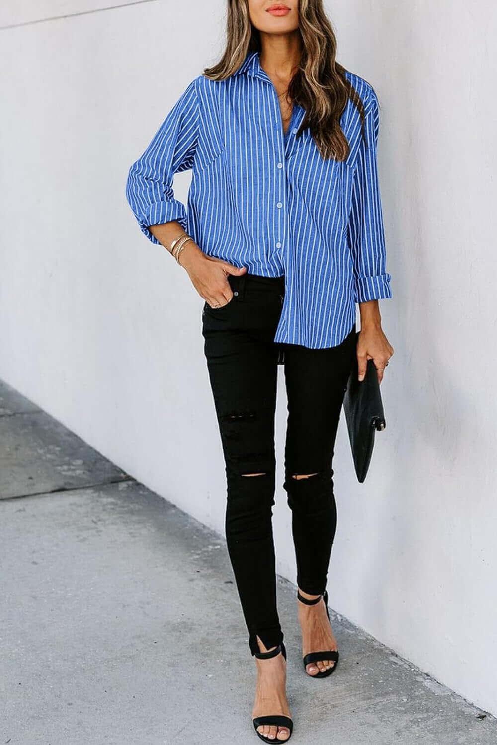 Striped Button Up comfortable Classic Long Sleeve Shirt - SAMFILS