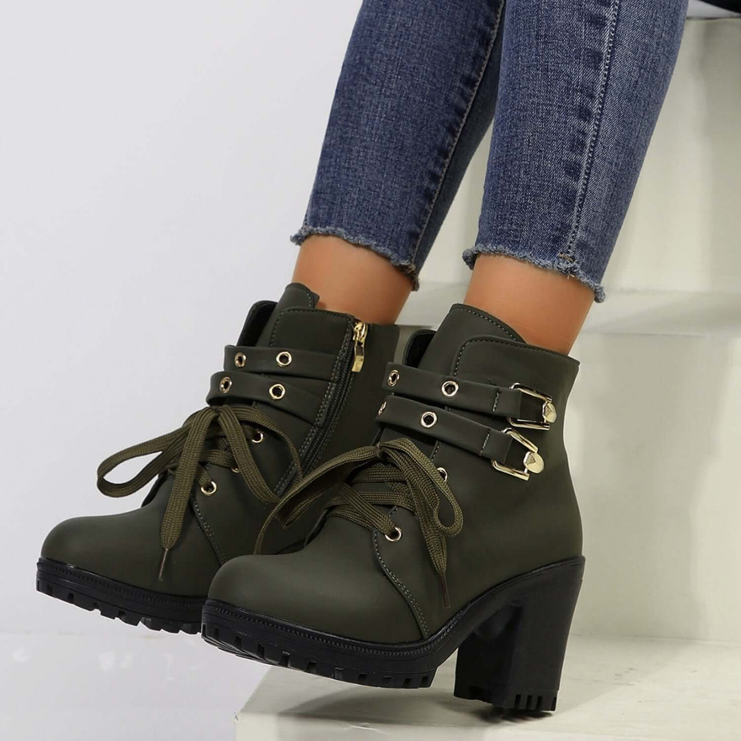 PU Leather Round Toe Block Heel Boots - Samslivos