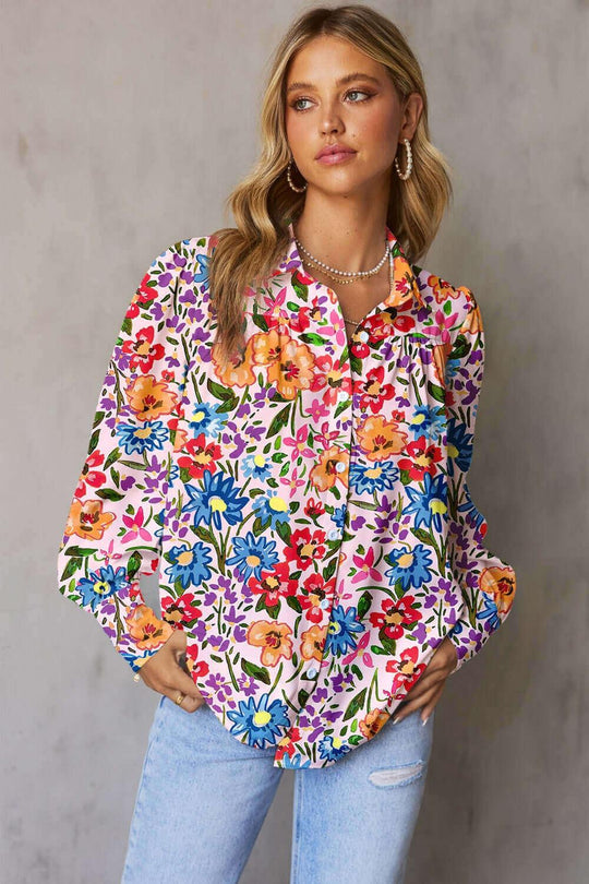 Printed Collared Neck Long Sleeve Shirt comfortable style - Samslivos