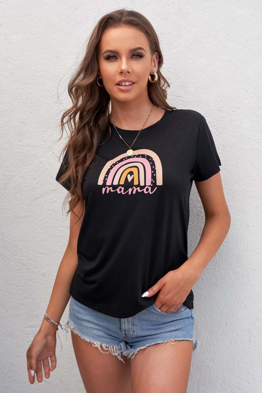 Women Graphic Round Neck Short sleeves T Shirt - SAMFILS