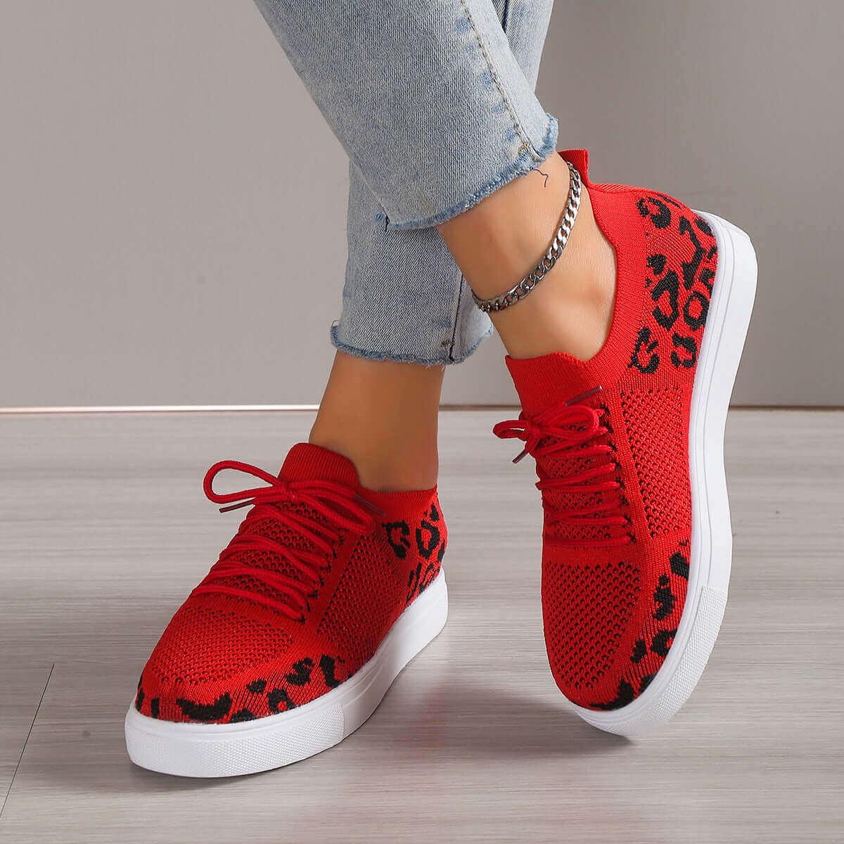 Comfortable Lace-Up Leopard Flat Sneakers Design - SAMFILS