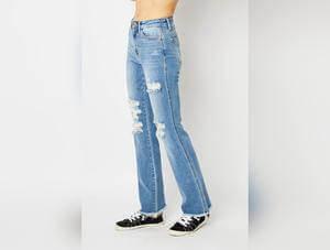 Judy Blue Full Size Distressed Raw Hem Bootcut Jeans - SAMFILS