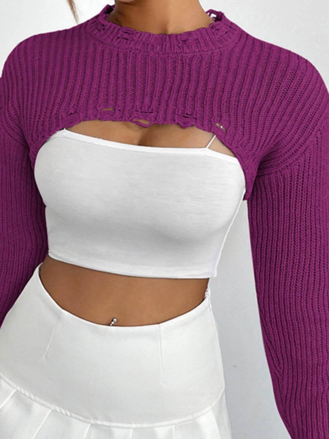 Distressed Long Sleeve Cropped Sweater - SAMFILS