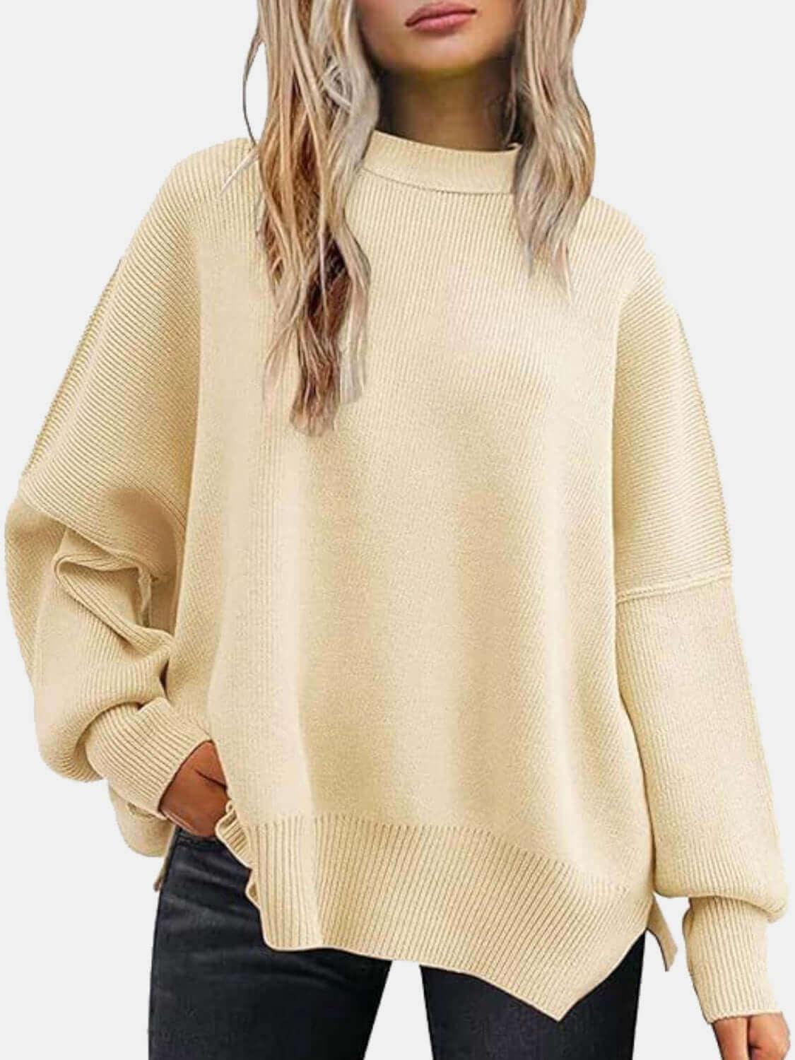 Round Neck Drop Shoulder Slit Sweater - SAMFILS