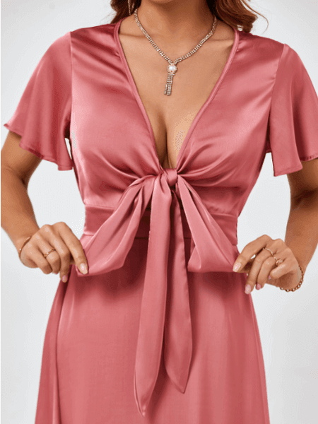 Women V-neck Flared Hem Tie Waist Cutout Dress - Samslivos