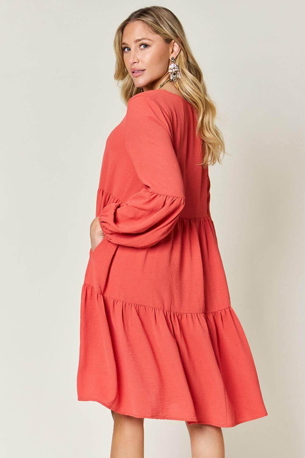 Double Take Full Size V-Neck Balloon Sleeve Tiered Dress - SAMFILS