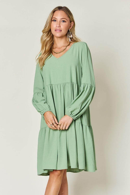 Double Take Full Size V-Neck Balloon Sleeve Tiered Dress - SAMFILS