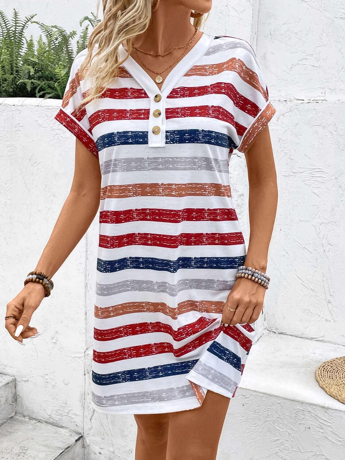 Pattern Striped V-Neck Short Sleeve Dress - SAMFILS