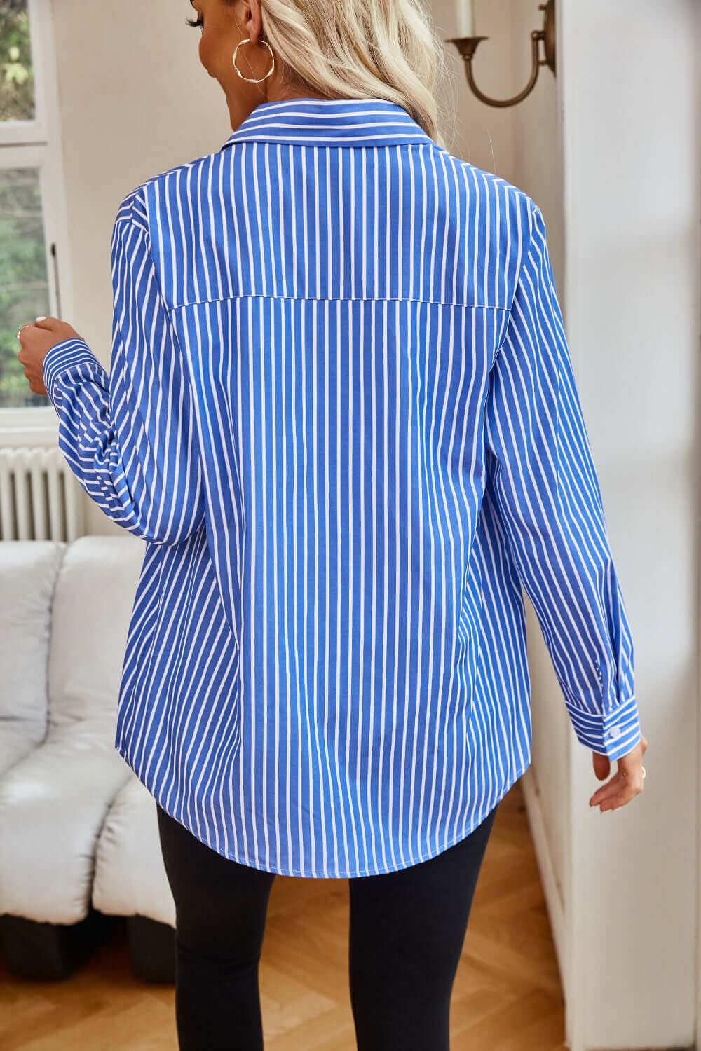 Striped Button Up comfortable Classic Long Sleeve Shirt - SAMFILS