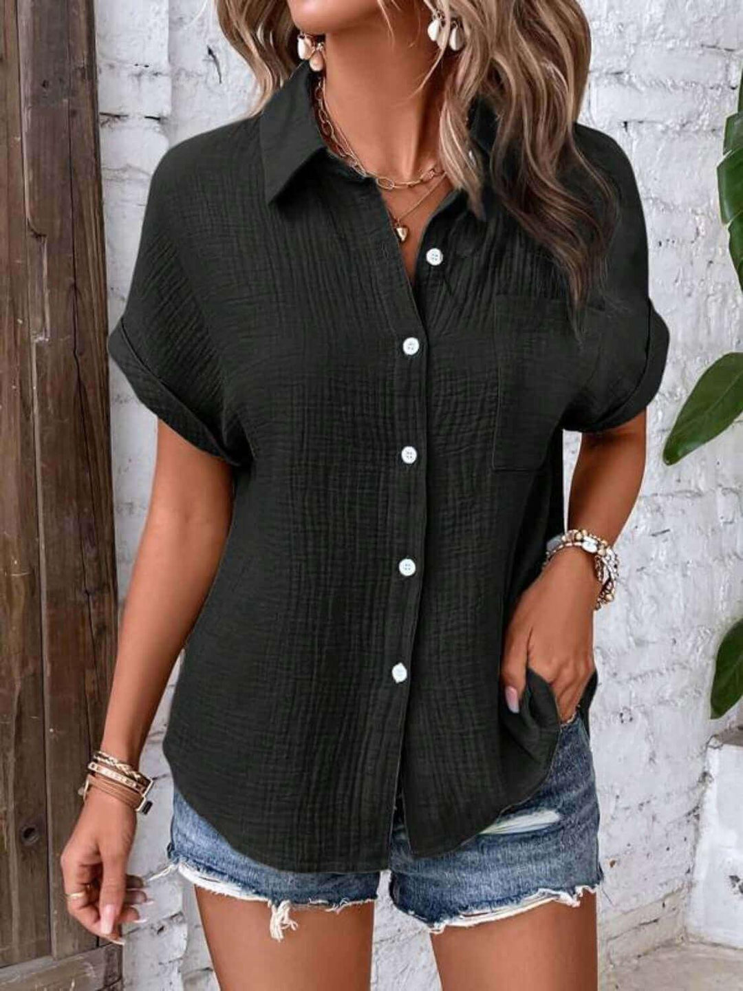 Textured Button Up Unique Fabric Short Sleeve Shirt - SAMFILS