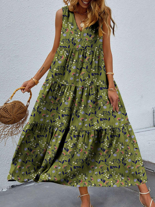 Lovely Tiered Printed V-Neck Sleeveless Dress - Samslivos