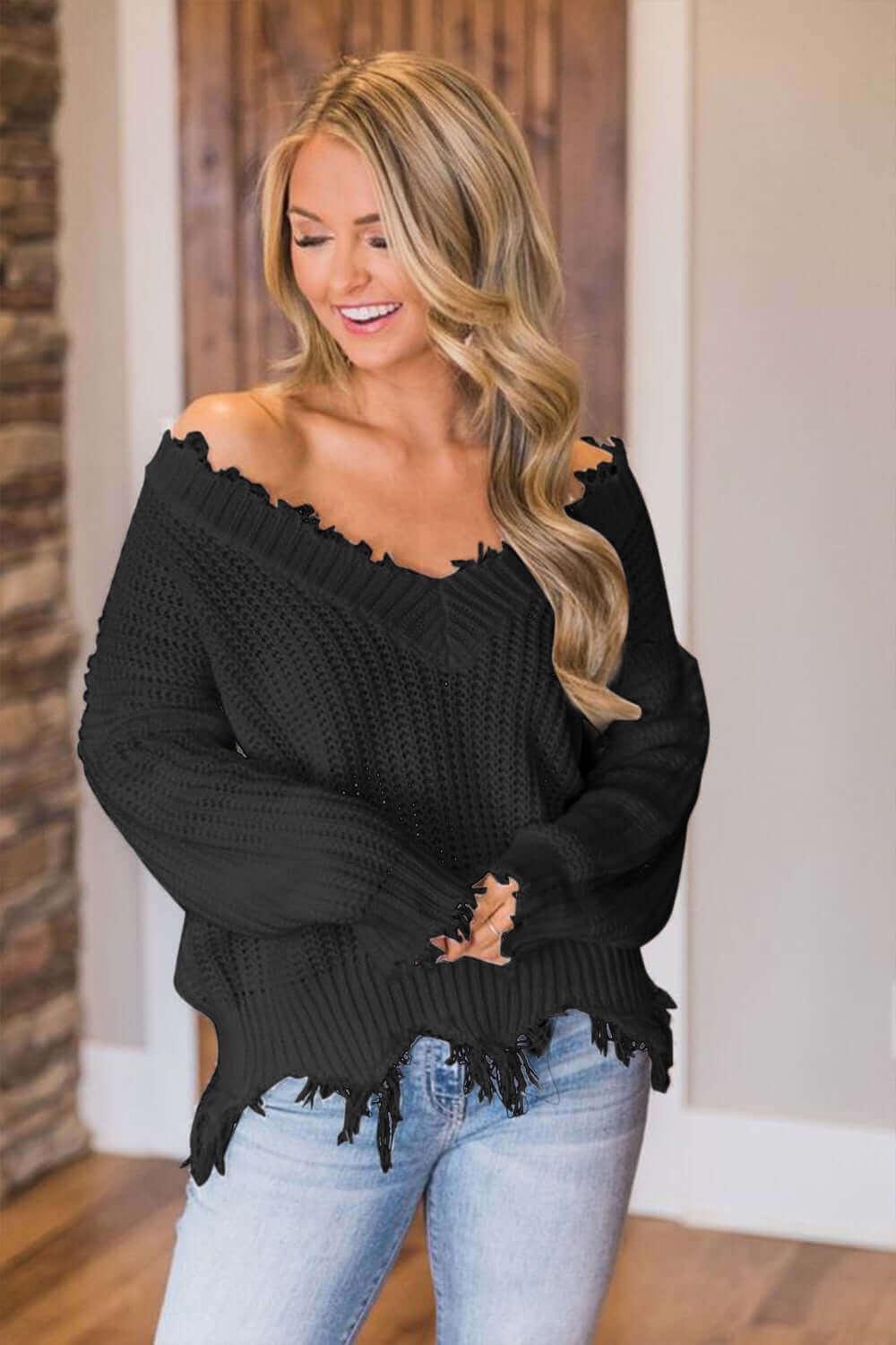 Frayed Hem Dropped Shoulder Sweater - SAMFILS