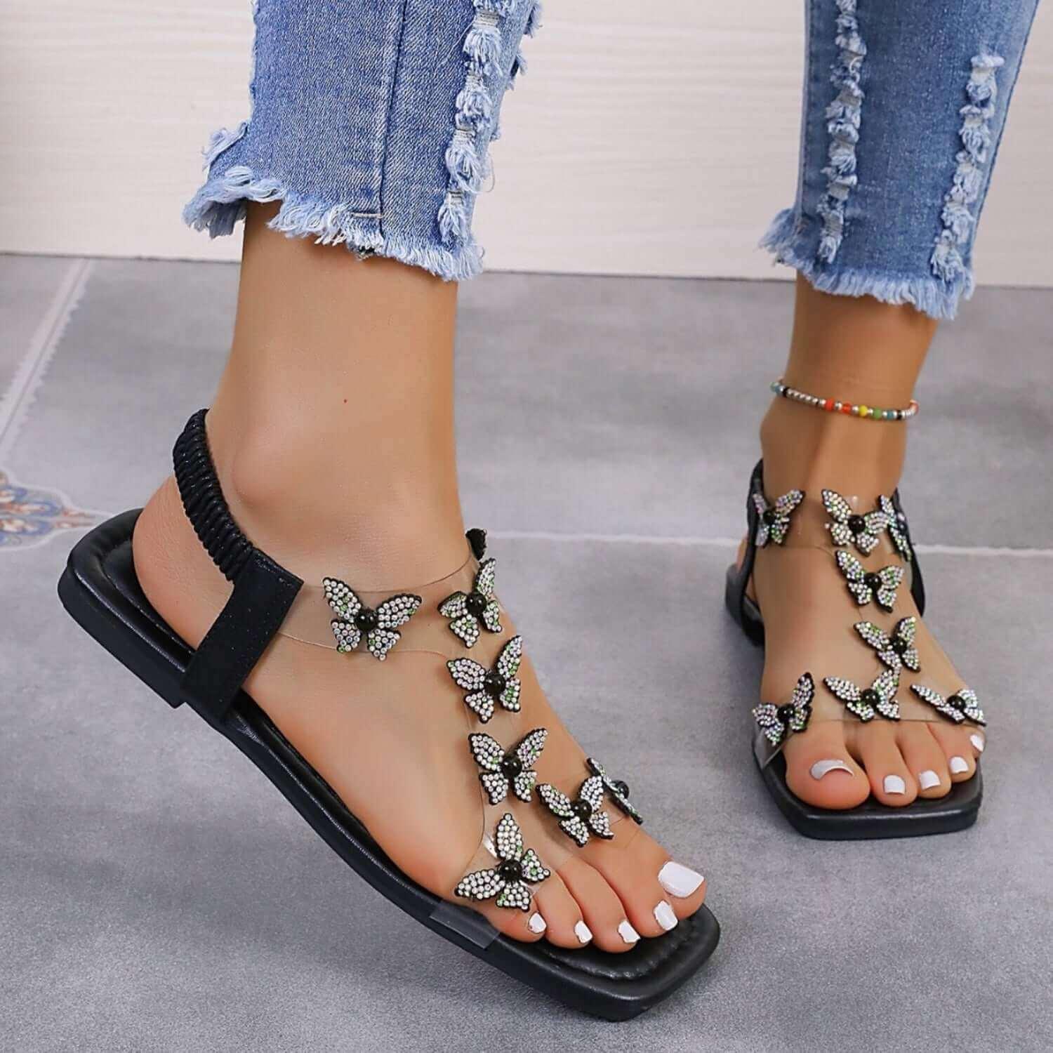 Rhinestone Sparkling Butterfly Flat Sandals - SAMFILS