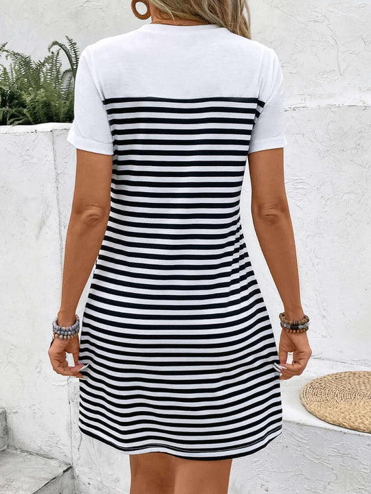 Striped Round Neck Short Sleeve Mini Tee Dress - Samslivos