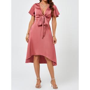 Women V-neck Flared Hem Tie Waist Cutout Dress - Samslivos