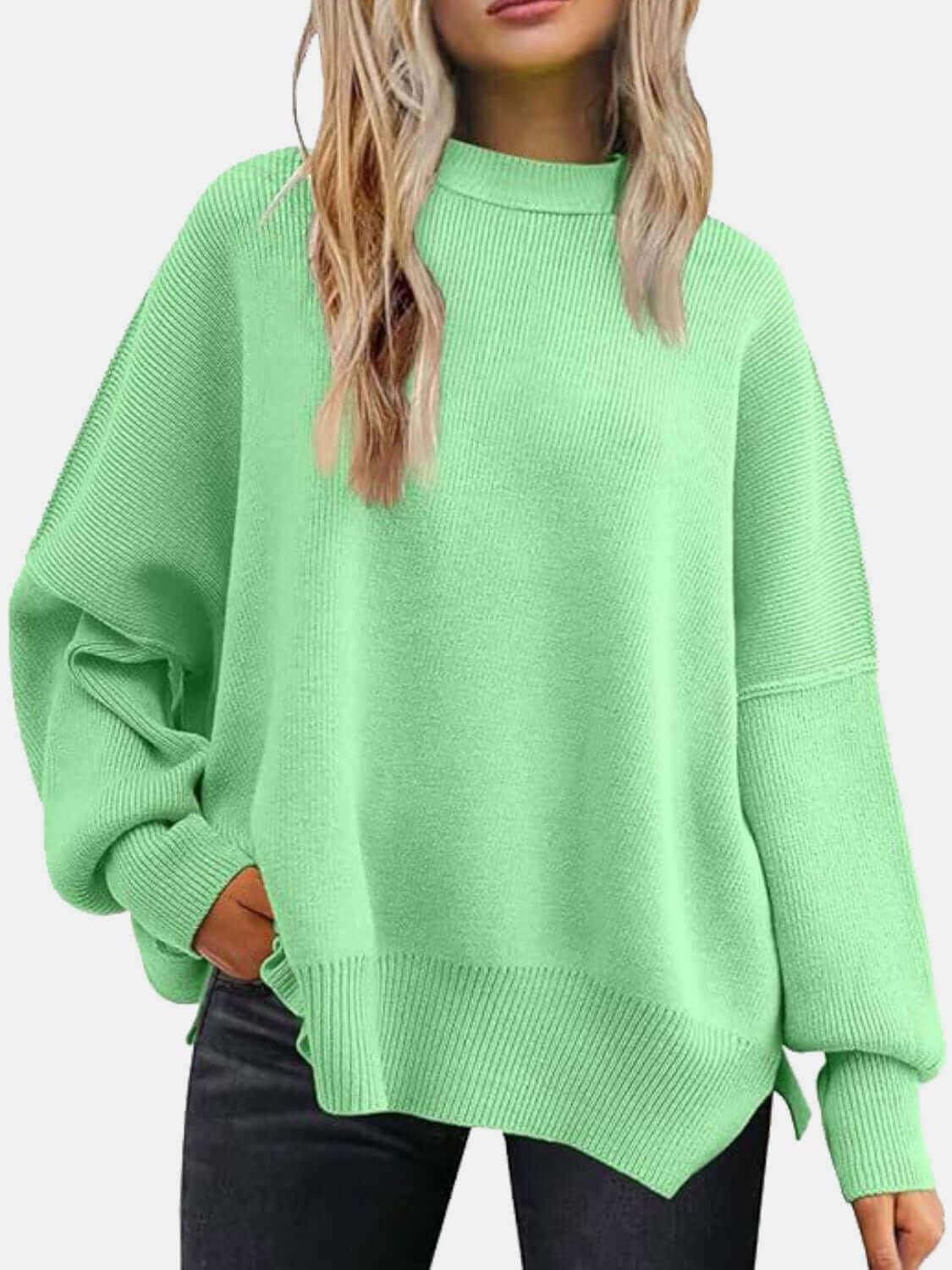 Round Neck Drop Shoulder Slit Sweater - SAMFILS