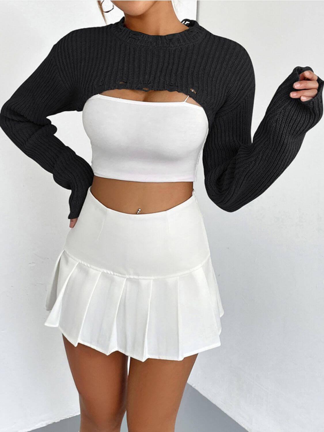 Distressed Long Sleeve Cropped Sweater - SAMFILS