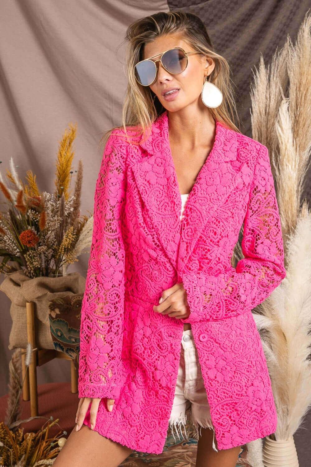 BiBi Single-Breasted Long Sleeve Lace Blazer - SAMFILS