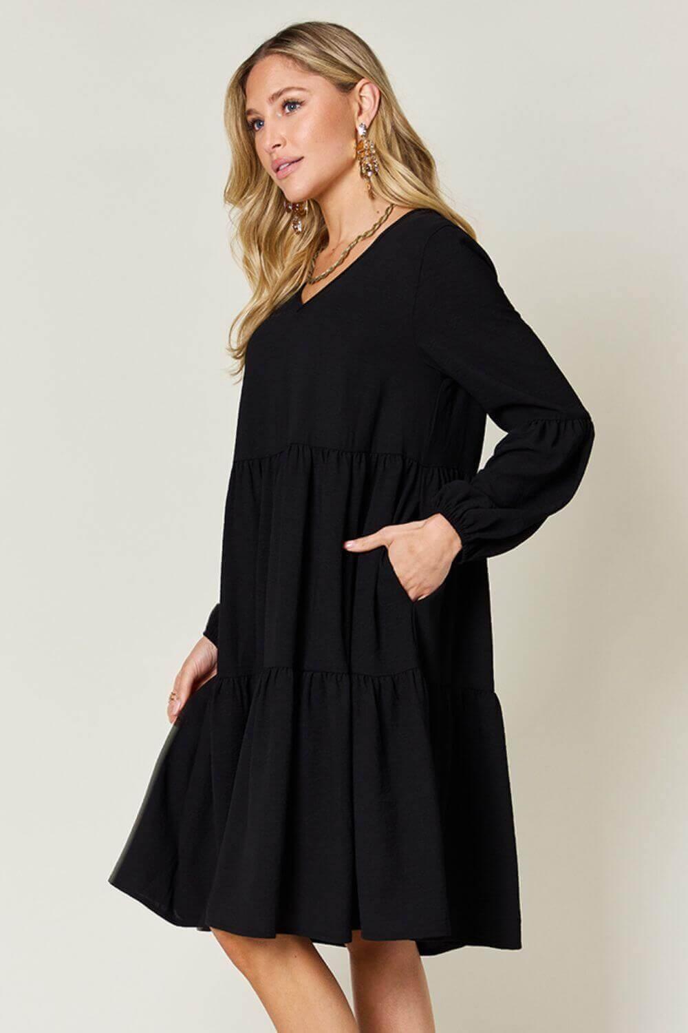 Double Take Full Size V-Neck Balloon Sleeve Tiered Dress - SAMFILS