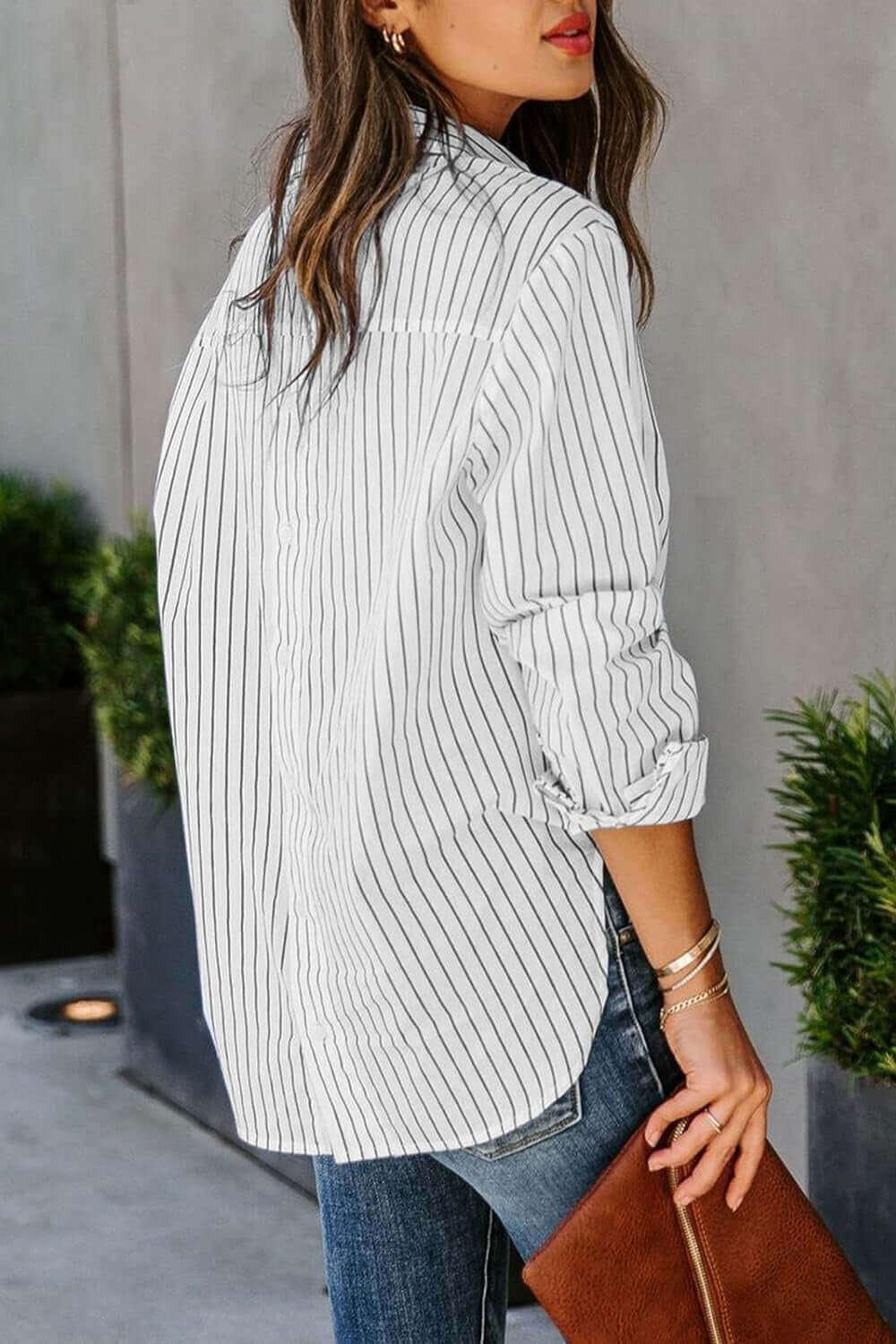 Striped Button Up comfortable Classic Long Sleeve Shirt - Samslivos