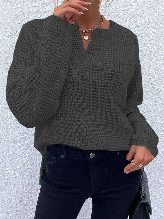 Comfort Notched Long Sleeve Sweater - SAMFILS