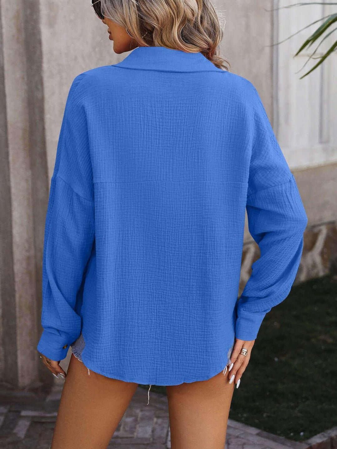 Textured Pocketed Button Up Dropped Shoulder Shirt - SAMFILS