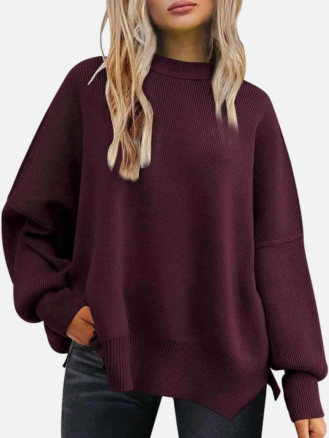 Round Neck Drop Shoulder Slit Sweater - SAMFILS