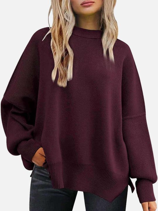 Round Neck Drop Shoulder Slit Sweater - Samslivos