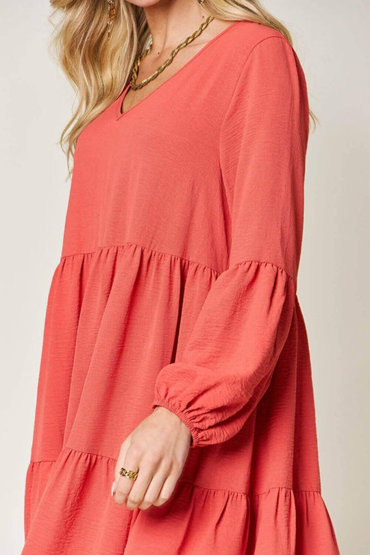 Double Take Full Size V-Neck Balloon Sleeve Tiered Dress - SAMFILS