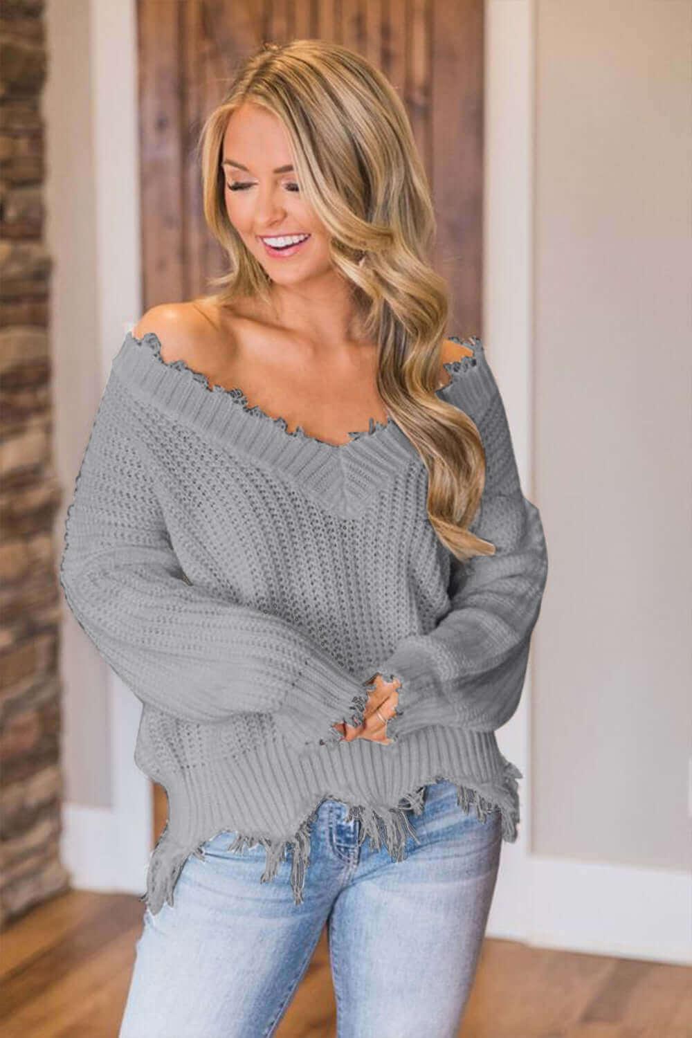 Frayed Hem Dropped Shoulder Sweater - SAMFILS