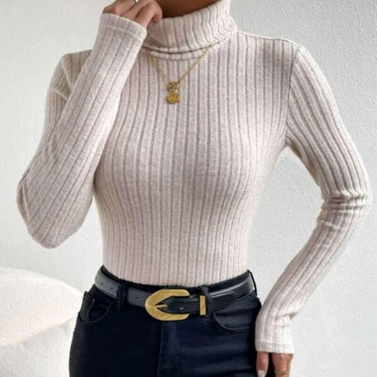 Turtleneck V-neck Long-sleeved Brushed Hollow Striped Knitted - SAMFILS