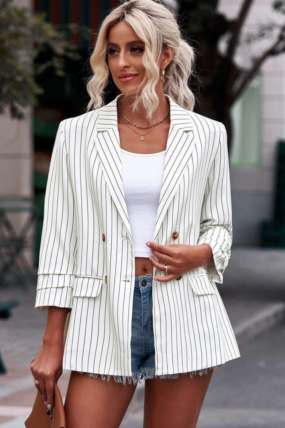 Striped Double-Breasted Long Sleeve Blazer - Samslivos