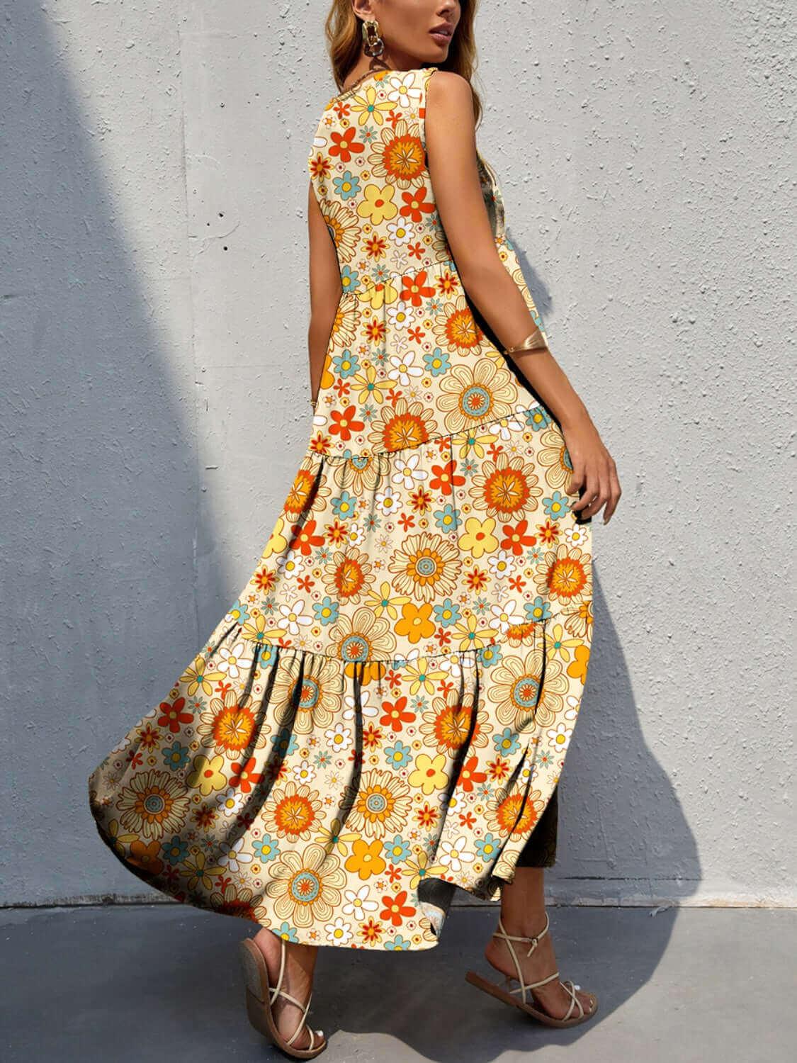 Lovely Tiered Printed V-Neck Sleeveless Dress - SAMFILS