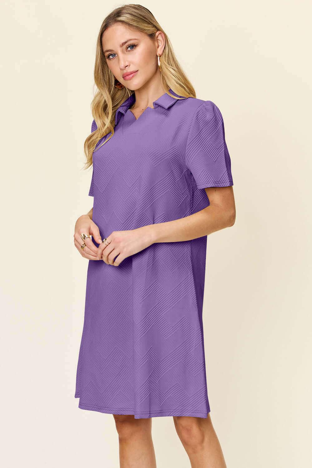 Double Take Full Size Texture Collared Neck Short Sleeve Dress - SAMFILS