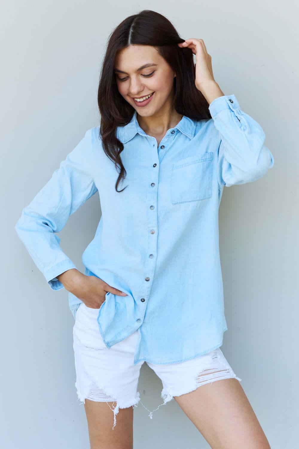 Doublju Blue Jean Baby Denim Button Down Shirt - Samslivos