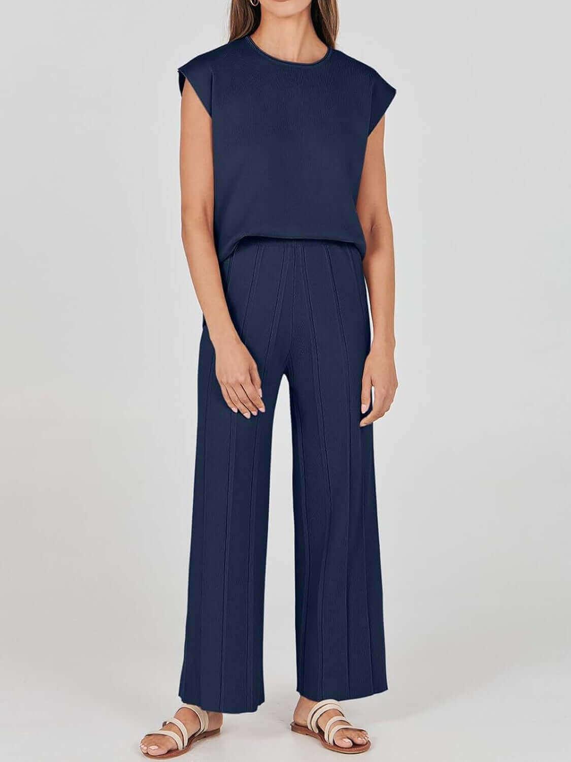 Round Neck Cap Sleeve Top and Pants Outfit Set - SAMFILS