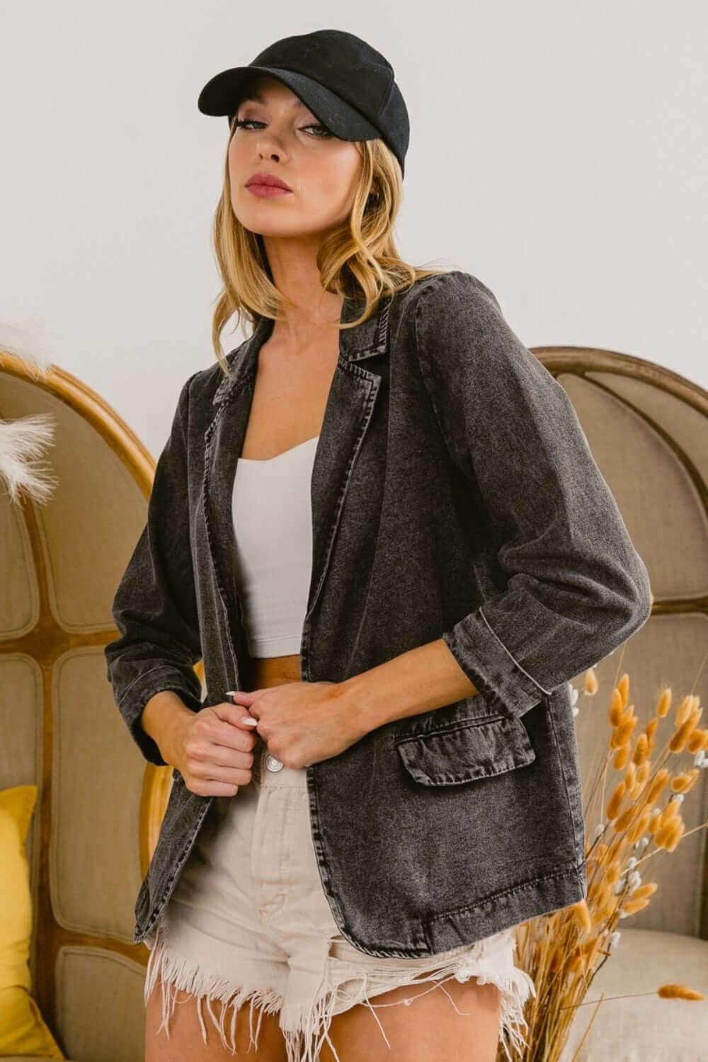 BiBi Single Breasted Washed Denim Blazer - SAMFILS