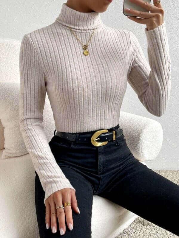 Turtleneck V-neck Long-sleeved Brushed Hollow Striped Knitted - SAMFILS